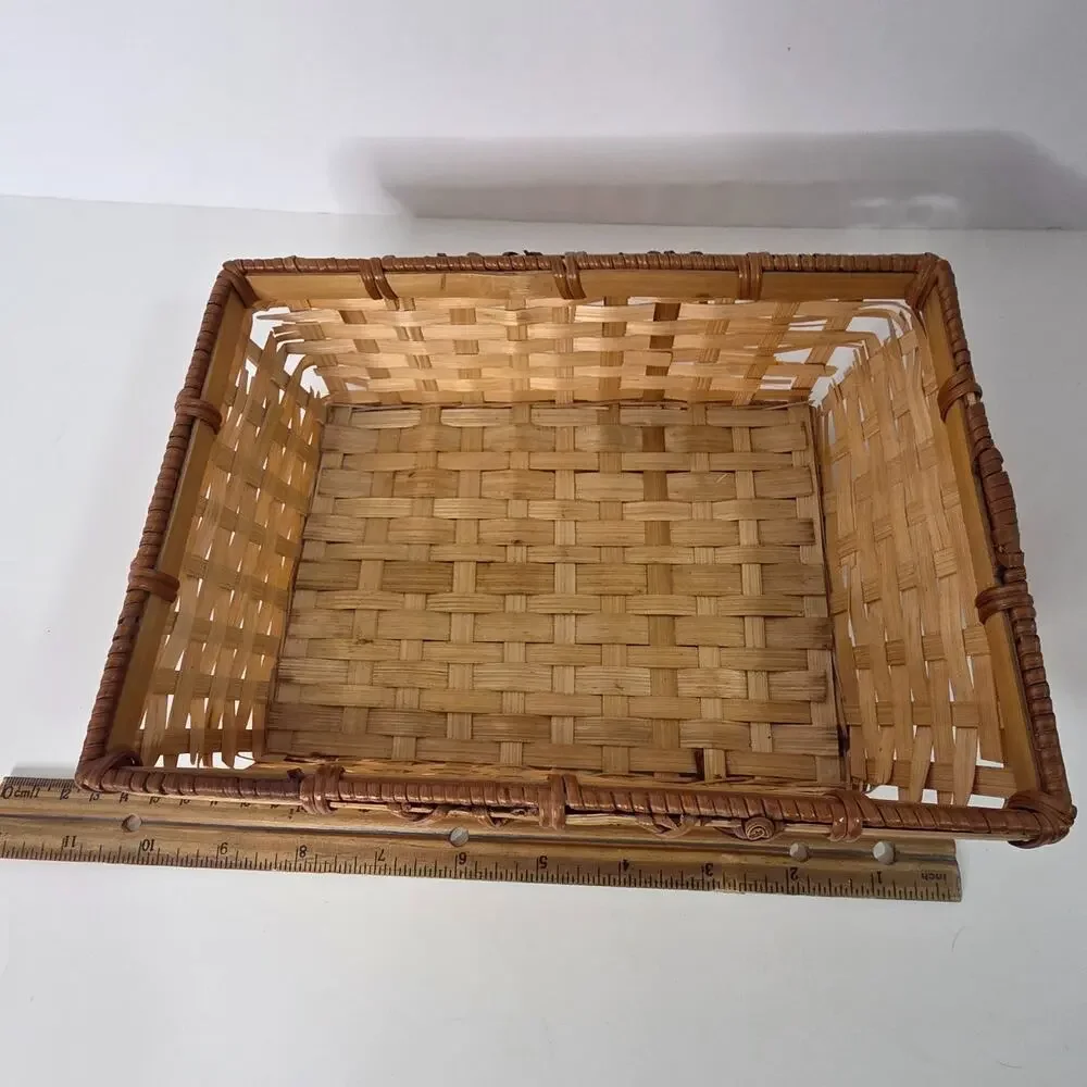 Small Rectangular Woven Bamboo Basket Tray Natural Brown Rustic Storage Decor